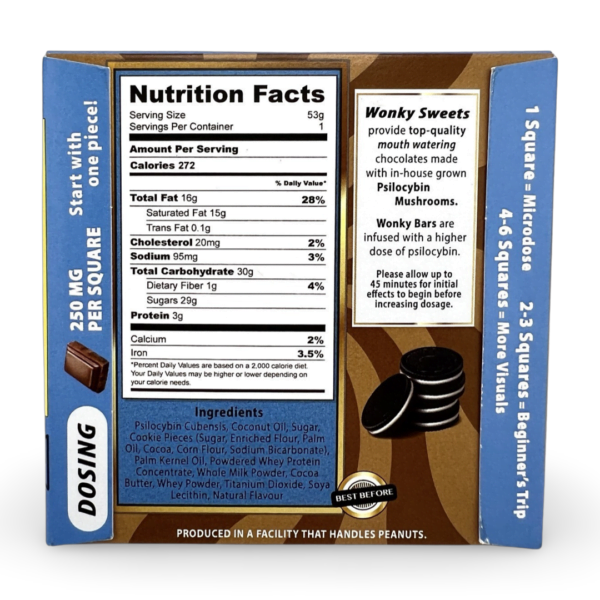 57 gram cookies n'dreams total of 3 grams of golden teacher magic mushrooms per chocolate bar each piece contains a dose of 250 mg per square Wonky sweets provides top-quality mouth watering chocolates made with organic in house grown PSILOCYBIN MUSHROOMS.